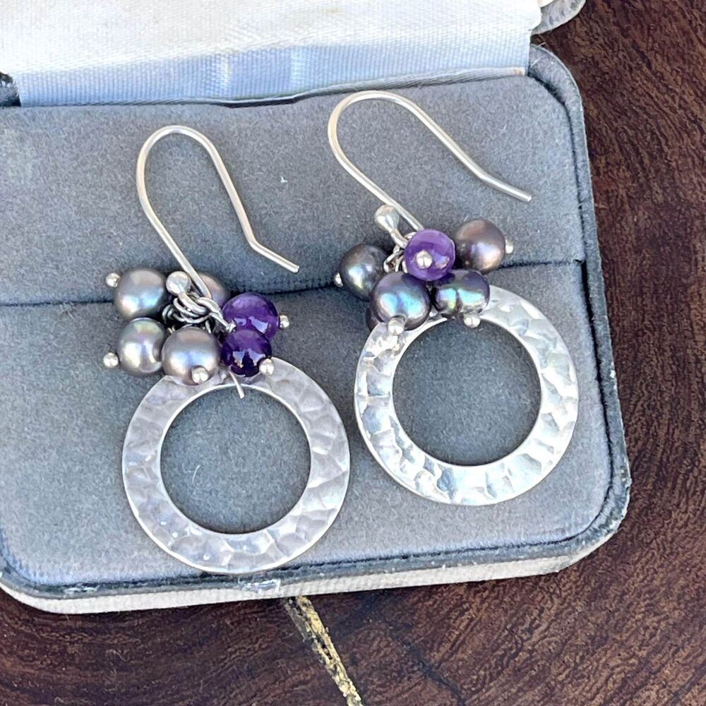 Vintage Sterling Silver Hoop Earrings with faux pearls Jewelry Gift